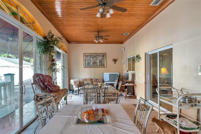 sunroom / solarium featuring wood ceiling and ceiling fan