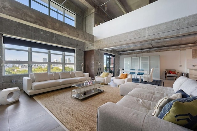 living room featuring a towering ceiling and a healthy amount of sunlight