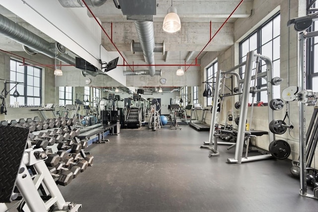 workout area featuring a high ceiling