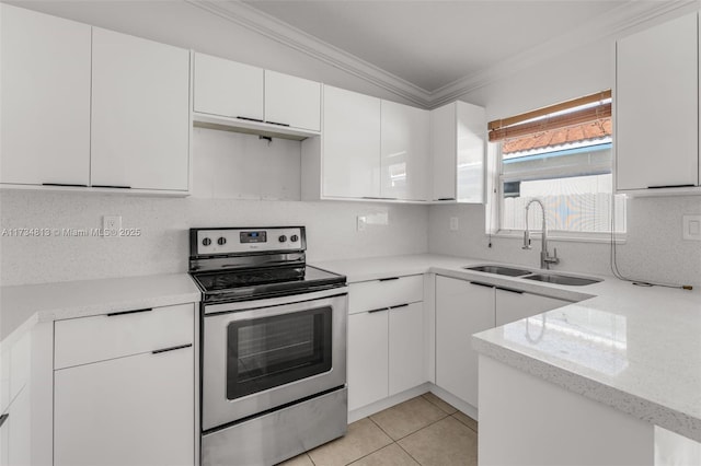 kitchen featuring white cabinetry, sink, crown molding, and stainless steel electric range