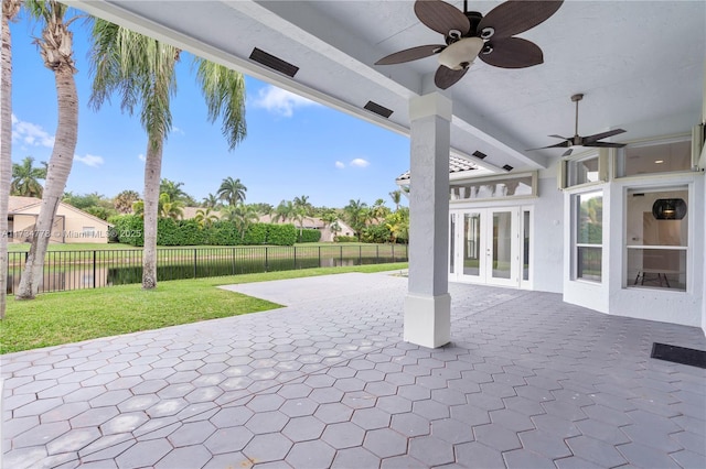 view of patio / terrace featuring french doors and ceiling fan