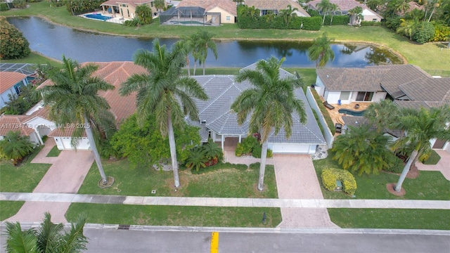 aerial view featuring a water view