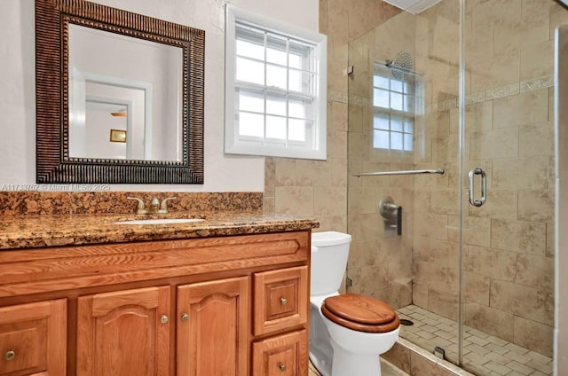 bathroom with vanity, a shower with shower door, and toilet