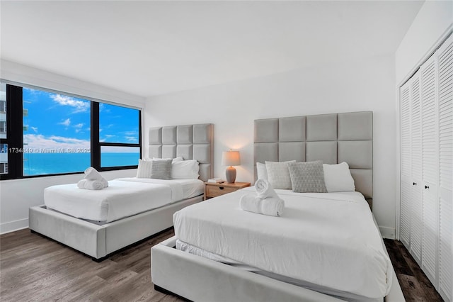 bedroom featuring wood-type flooring, a closet, and a water view