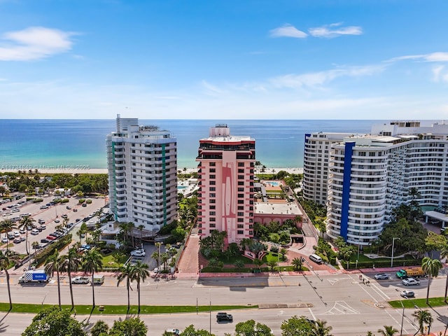 aerial view with a water view and a beach view