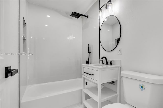 full bathroom featuring  shower combination, toilet, and vanity