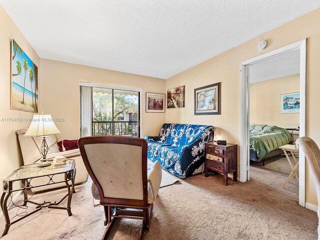 living area featuring carpet flooring and a textured ceiling