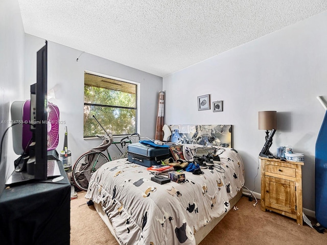 bedroom with a textured ceiling and carpet flooring