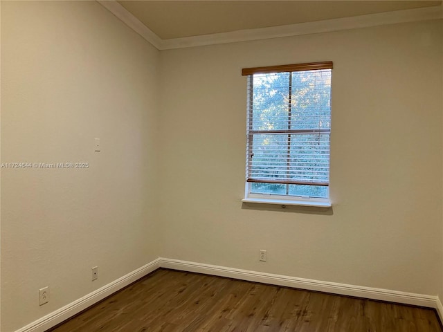 empty room featuring wood-type flooring, ornamental molding, and a wealth of natural light