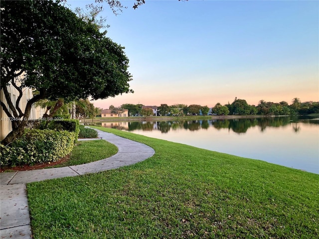 exterior space featuring a yard and a water view