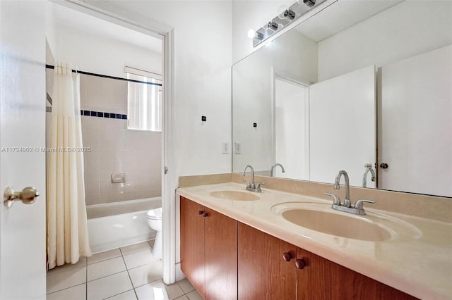 full bathroom featuring tile patterned flooring, vanity, shower / bathtub combination with curtain, and toilet