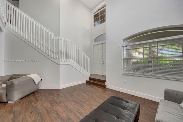 entryway with a high ceiling, plenty of natural light, and dark hardwood / wood-style floors