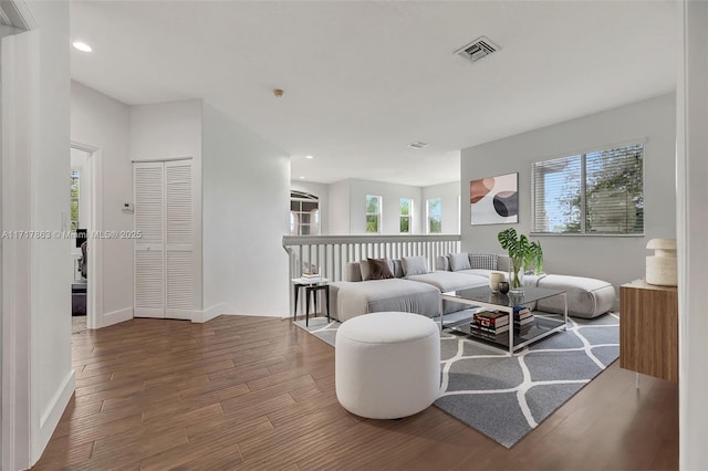 living room with wood-type flooring and plenty of natural light