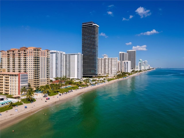 bird's eye view featuring a water view and a beach view