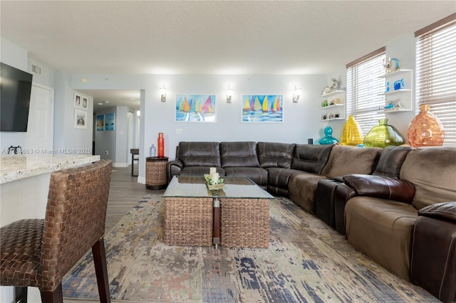 living room with wood-type flooring and a textured ceiling