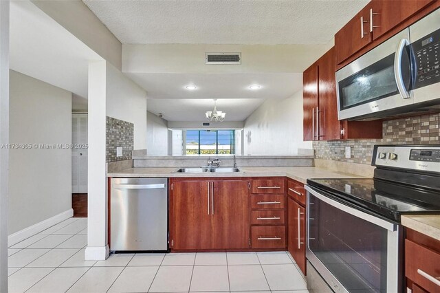 kitchen with stainless steel appliances, light tile patterned flooring, sink, and backsplash