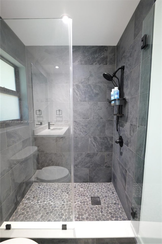 bathroom with toilet and a shower with shower door