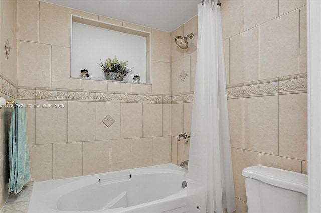 bathroom featuring tile walls, shower / bath combination with curtain, and toilet