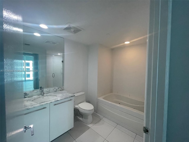 full bathroom featuring tile patterned floors, vanity, toilet, and plus walk in shower