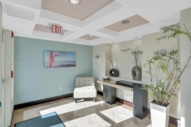 tiled office space with coffered ceiling