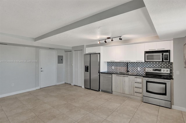 kitchen with white cabinetry, backsplash, stainless steel appliances, electric panel, and a textured ceiling