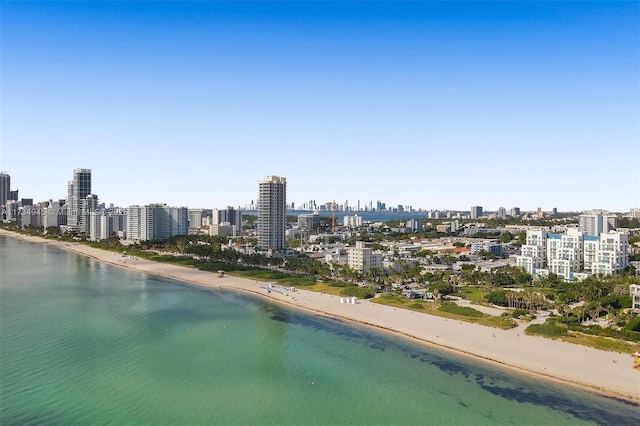 bird's eye view featuring a view of the beach and a water view