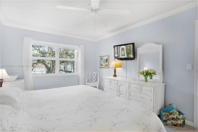 bedroom with crown molding and ceiling fan