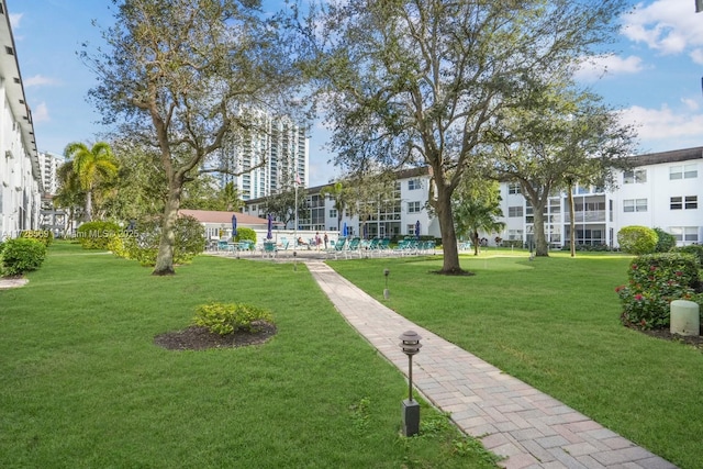 view of property's community with a lawn