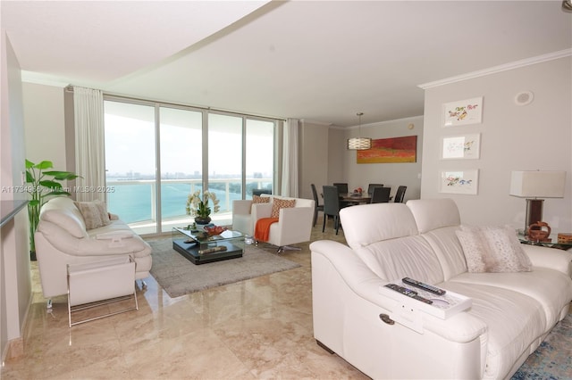 living room featuring a water view, a wall of windows, and ornamental molding