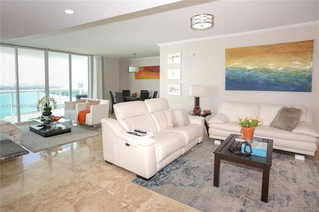 living room with a wall of windows, ornamental molding, and a water view