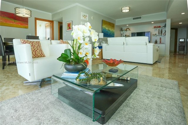 living room with crown molding