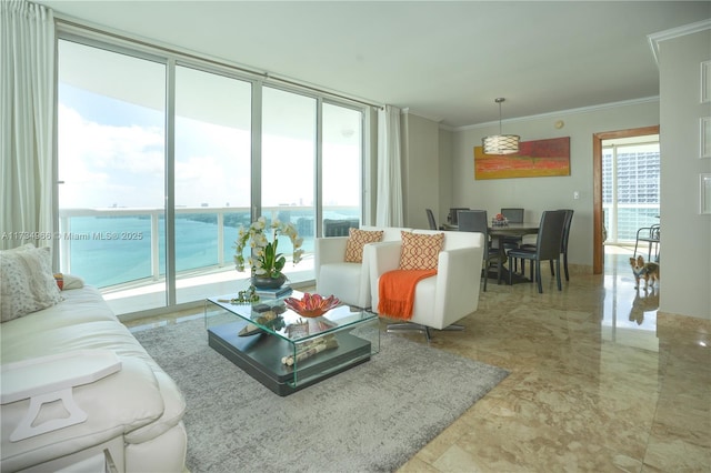 living room with a water view, expansive windows, crown molding, and a wealth of natural light