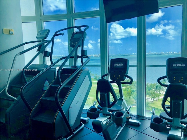 gym featuring floor to ceiling windows and a water view