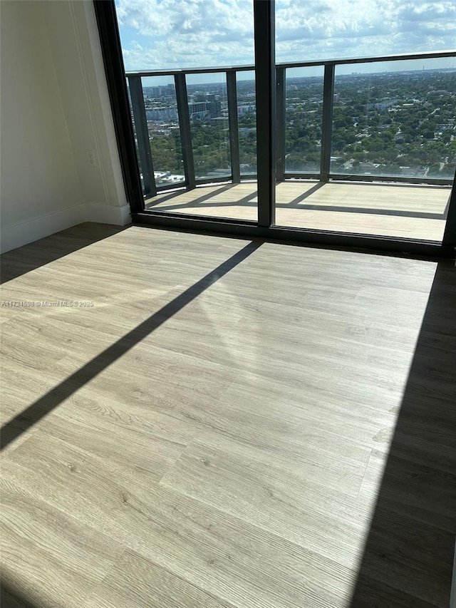 unfurnished room featuring light wood-type flooring and a wall of windows