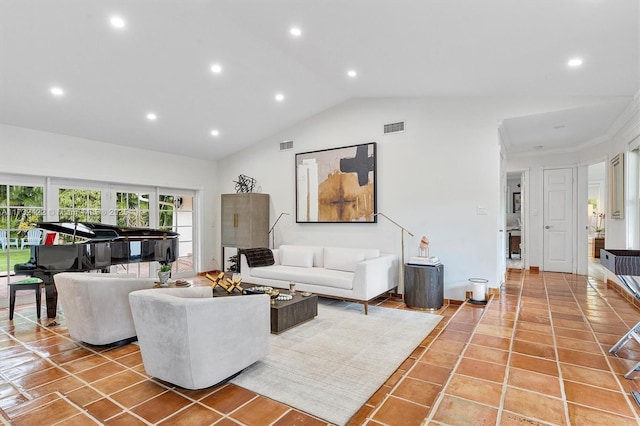 living room featuring tile patterned flooring, crown molding, and lofted ceiling