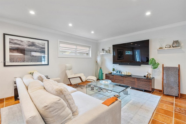 living room with tile patterned floors and ornamental molding