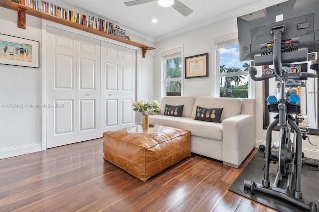 living room with ornamental molding, ceiling fan, and dark hardwood / wood-style flooring