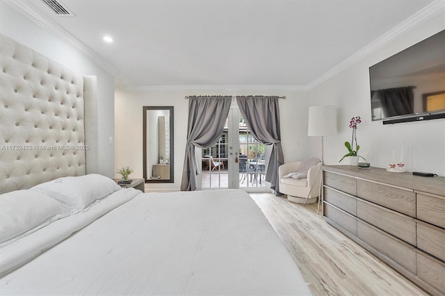 bedroom with french doors, ornamental molding, light hardwood / wood-style flooring, and access to outside