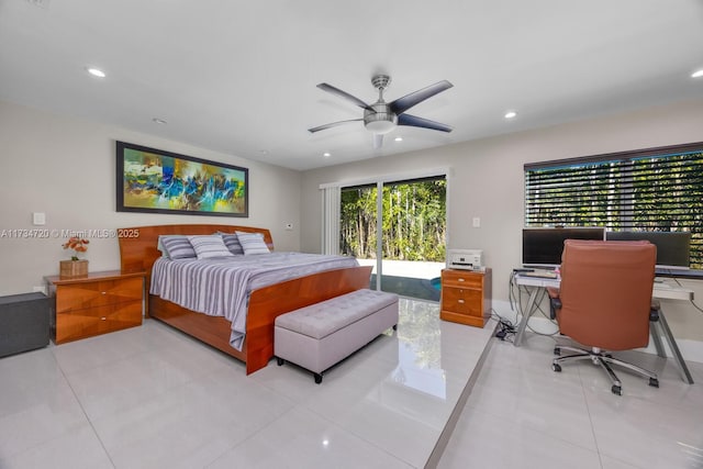 bedroom featuring access to outside, ceiling fan, and light tile patterned floors