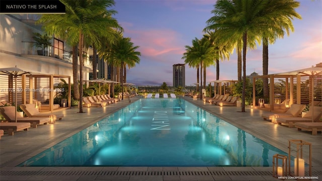 pool at dusk featuring a patio