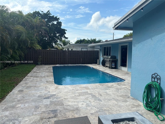 view of swimming pool with a grill and a patio area