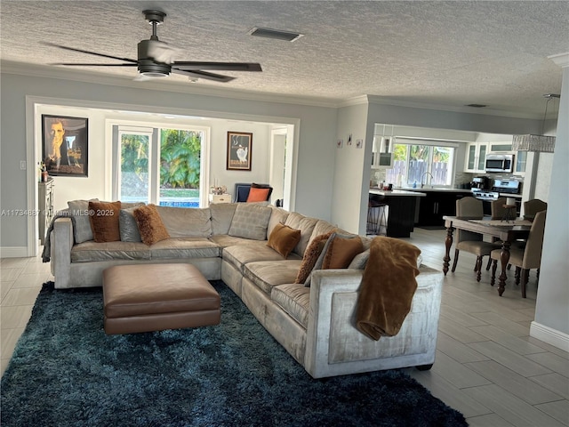 living room with ceiling fan, ornamental molding, sink, and a textured ceiling