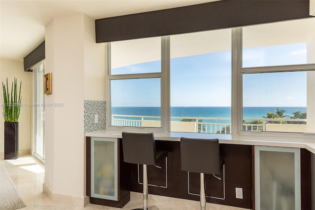 kitchen featuring a water view, dark brown cabinetry, and tasteful backsplash