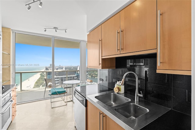 kitchen with rail lighting, sink, stainless steel dishwasher, a wall of windows, and backsplash