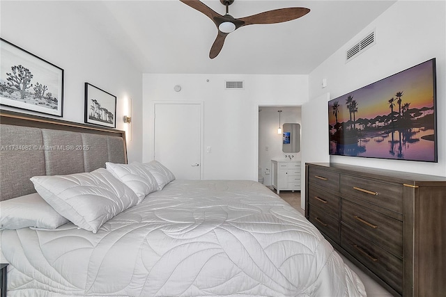 bedroom with ceiling fan and ensuite bathroom