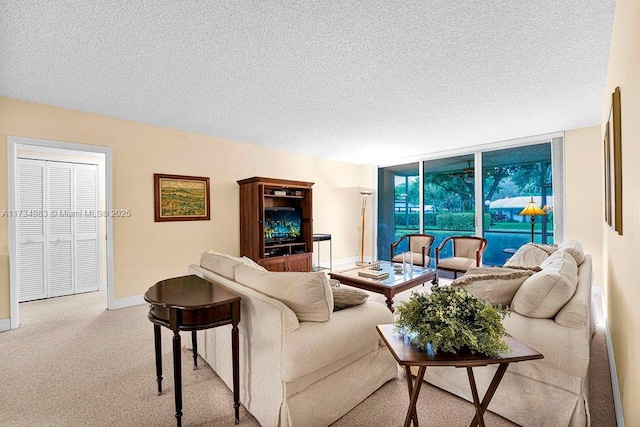 living room with light colored carpet and a textured ceiling