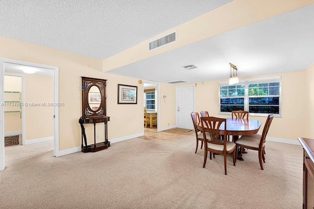 carpeted dining area with a textured ceiling