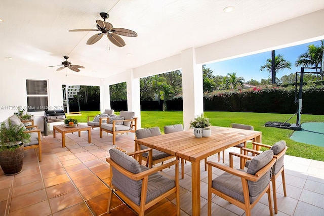 view of patio featuring a grill, an outdoor living space, and ceiling fan