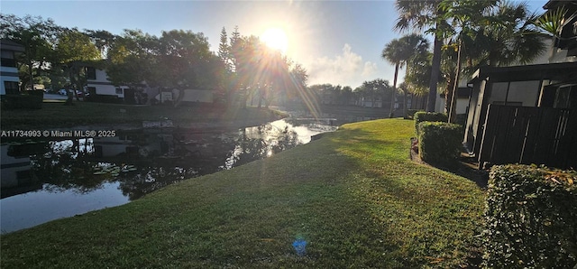 view of yard with a water view