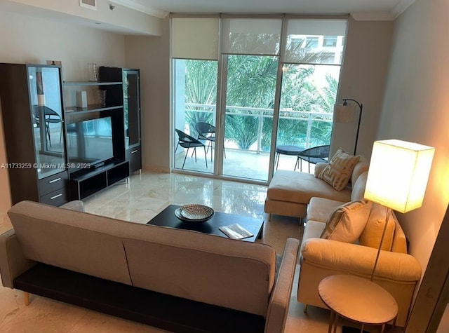 living room with expansive windows and ornamental molding